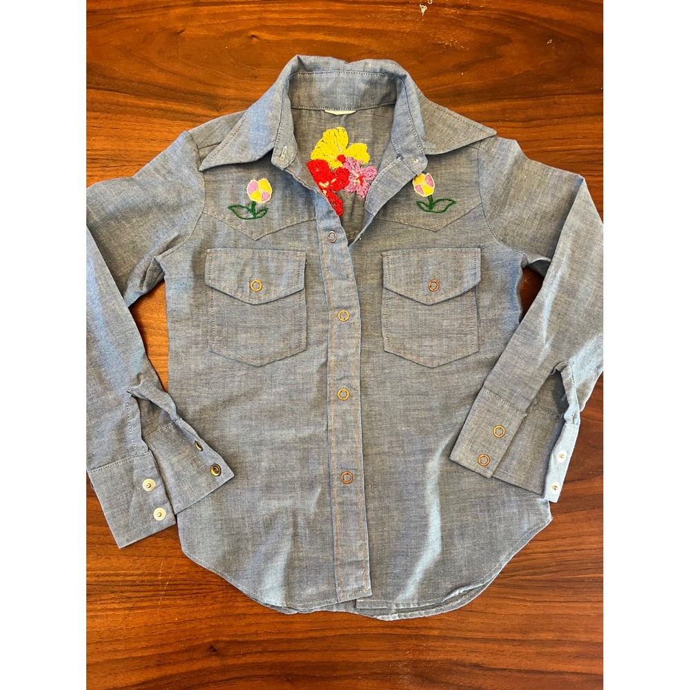 Vintage Embroidered Floral Chambray Western Shirt Blue Snap Front Girls XS